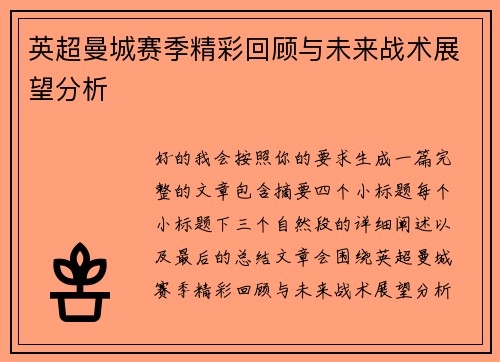 英超曼城赛季精彩回顾与未来战术展望分析 英超曼城赛季精彩回顾与未来战术展望分析