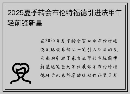 2025夏季转会布伦特福德引进法甲年轻前锋新星